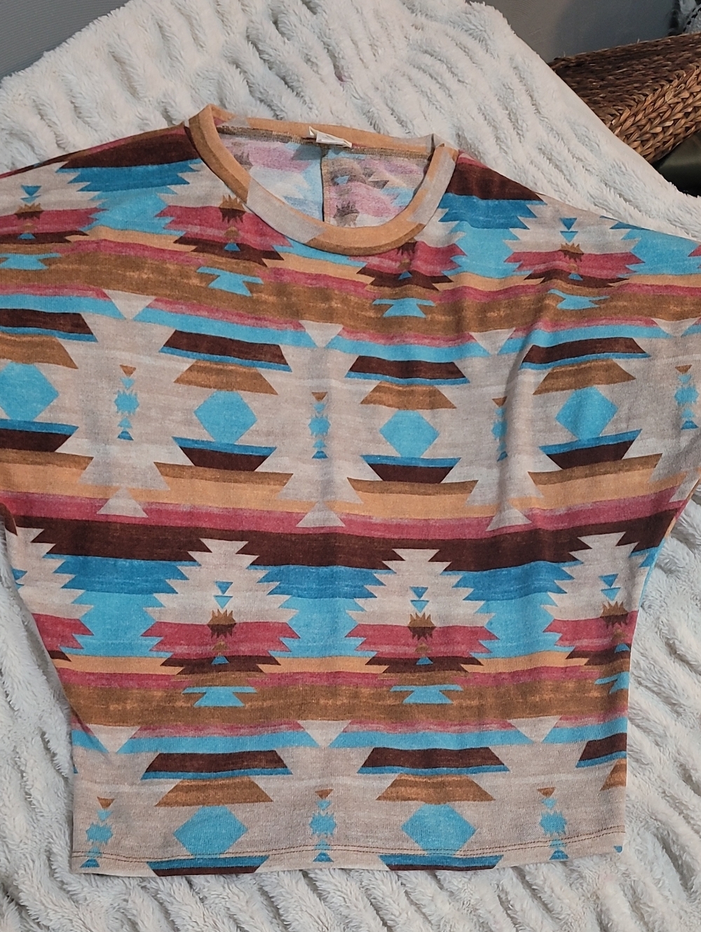 BiBi Womens Aztec Tee in Turquoise, Brown & Cream Batwing With Thumbholes